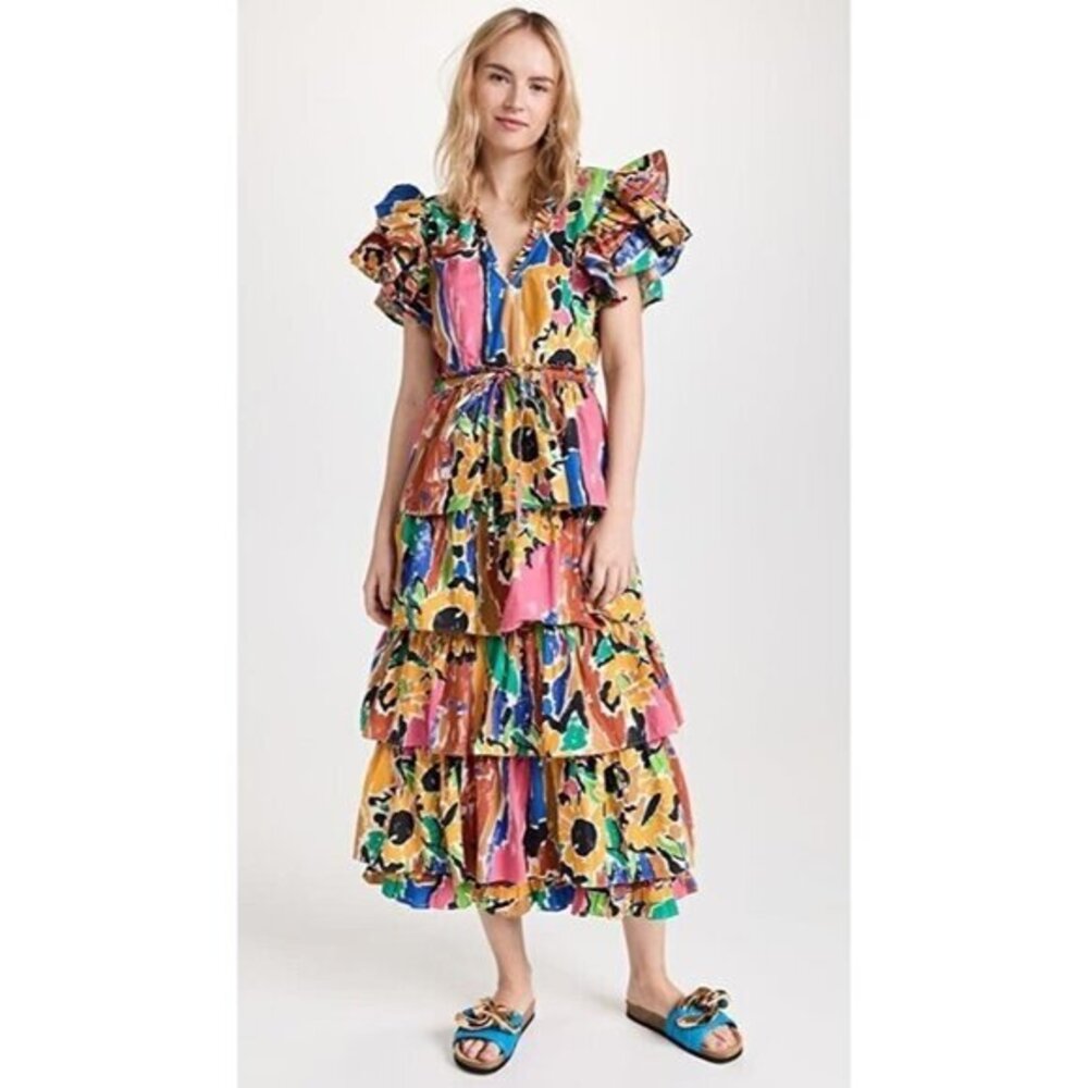 Love The Label V Neck Ruffle Maxi Dress Multi Color Bohemian SZ S New